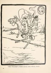 The Sawhorse leaps across the stream.  Tip, Jack, and the
Scarecrow are tied to the sawhorse, and all four look very surprised.
Jack's head is midair, being left behind.