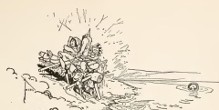 The four travelers are on the opposite banks, still tied
together, and dripping wet.  Jack's head, imperturbably cheerful as
ever, is floating away.